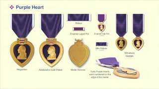 Purple Heart Medal PM How it is worn as a Ribbon Miniature medal Fullsize Medal and Displayed [upl. by Rowland635]