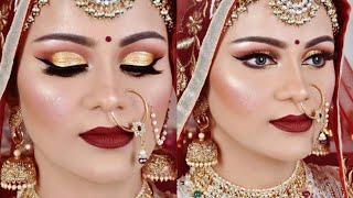 Full HD Royal INDIAN BRIDAL Makeup Tutorial Shimmery Gold Eyes Maroon Lipstick in Hindi [upl. by Derril]