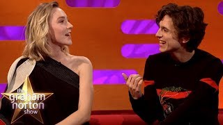 Saoirse Ronan amp Timothée Chalamet Joke About Pronouncing Timothée Chalamet [upl. by Aihtela]