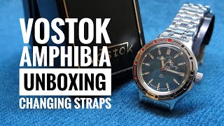 Vostok Amphibia Unboxing and Changing Straps Bought from Meranom HD [upl. by Assiran904]