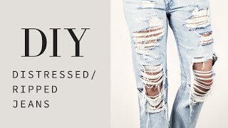 HOW TO  DIY Distressed  Ripped Jeans Tutorial [upl. by Morrissey]