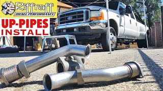 2001 F350 73  RiffRaff UpPipes Install  Stock up pipes leaking and falling apart JUNK SP [upl. by Heymann]