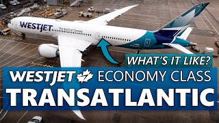 Flying WestJets TRANSATLANTIC ECONOMY CLASS 7879 London to Calgary [upl. by Nottap410]