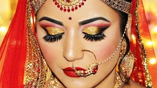 Indian Bridal Makeup Tutorial  Dramatic Gold Glitter Cut Crease and Rich Red Lipstick [upl. by Jaan68]