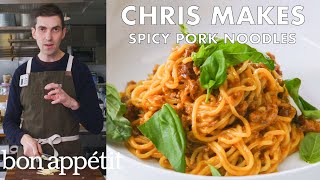 Chris Makes SpicySweet Sambal Pork Noodles  From the Test Kitchen  Bon Appétit [upl. by Nnyloj]