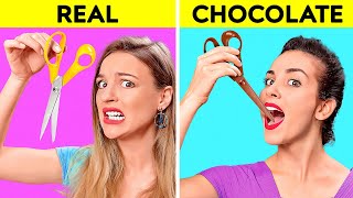 REAL VS CHOCOLATE FOOD CHALLENGE  Last To STOP Eating Wins Taste Test by 123 GO CHALLENGE [upl. by Anitan62]