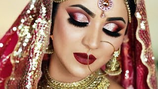 TRADITIONAL INDIAN BRIDAL MAKEUP  HINDI  Bronze Glitter Cut Crease And Dark Red Lipstick [upl. by Orran]