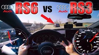 RS6 Performance chasing tuned RS3 on German Autobahn ✔ [upl. by Nauhs725]