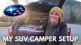 MY SOLO CAR CAMPING SETUP  Sleeping System Cooking System amp Accessories  Subaru Outback [upl. by Nedearb]