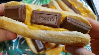 eat Hersheys Krackel and Butterscotch Pudding in Hotdog Bun [upl. by Fu]